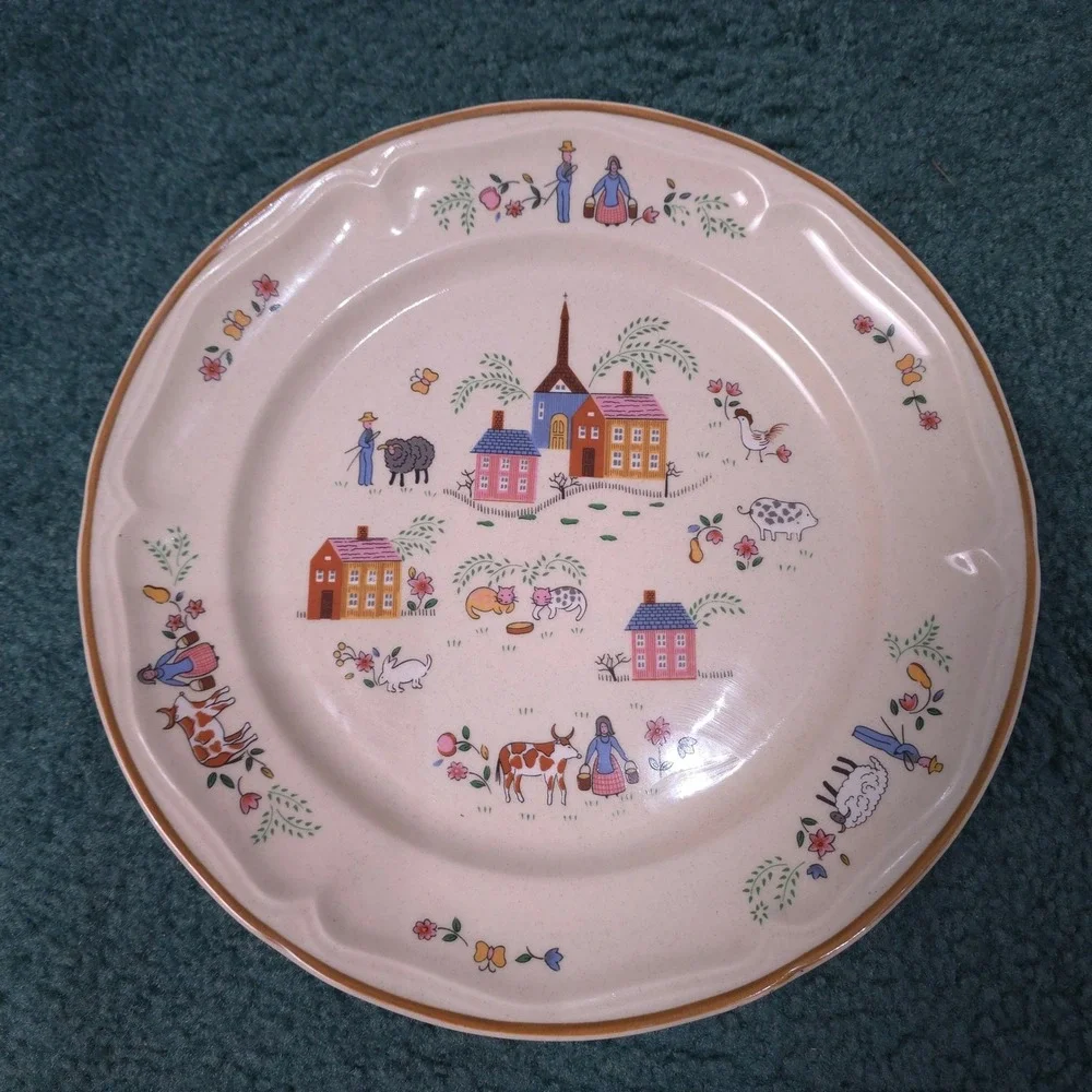 Vintage 1986 Newcor Our Country Stoneware Dinner Plates 6004 Set of 2 Folk Art